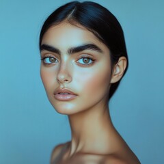 Naklejka premium Portrait of a young model with striking blue eyes and perfect skin against a soft blue background