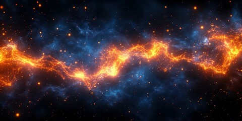 Fototapeta premium Vibrant cosmic energy flows through a galaxy with vivid orange and blue hues near a star-filled background
