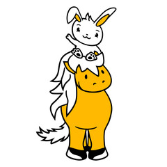 Fototapeta premium Bunny Horse Riding Rider Pony Horsey Waving Cute Design Lover Art Vector Illustration Card T-Shirt Poster Sticker Graphic Print Decorative Drawing Isolated Logo Decoration Symbol Creative Cool Style 