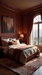 Opulent master suite, plush textiles, rich tones, expensive, wood