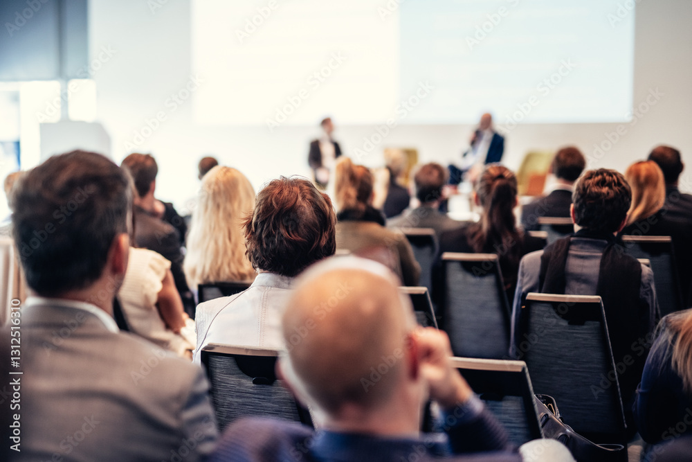 Wall mural interview and round table discussion at business convention and presentation. audience at the confer