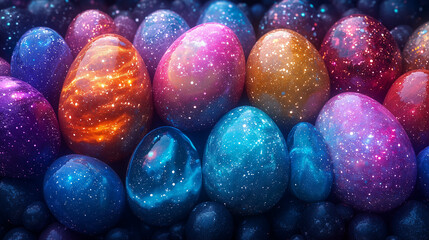 Fototapeta premium Easter eggs with a cosmic galaxy pattern in blue, purple, and orange shades. Suitable for marketing, social media, graphic design, greeting cards, and ads.