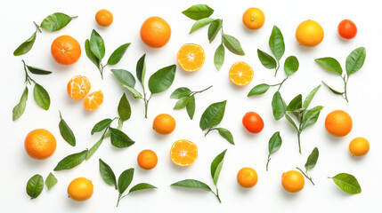 Fresh citrus and green leaves arrangement on white background