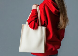 Woman holding a blank canvas tote bag mock-up, wearing a red hoodie, isolated on a gray background, for a design template of a shopping concept