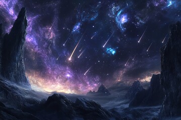 Fototapeta premium Stunning Fantasy Landscape Alien Planet Night Sky Shooting Stars Purple Nebula Mountains Rocks Digital Art Sci Fi Space Background Wallpaper 
