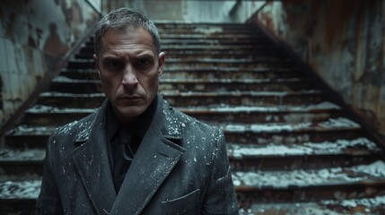 A sternlooking man in a dark coat standing at the base of a dilapidated staircase covered in snow within an abandoned building