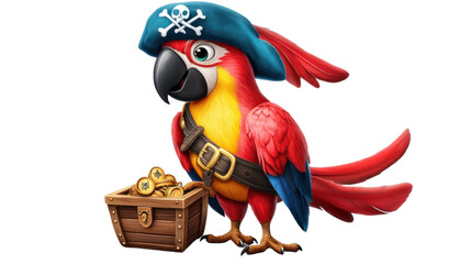 Cheerful cartoon pirate parrot guarding treasure chest on transparent background