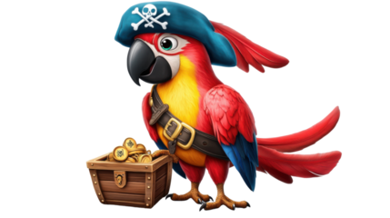 Cheerful cartoon pirate parrot guarding treasure chest on transparent background