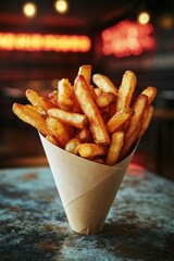 French fries served in a paper cone at a trendy casual dining location during the evening