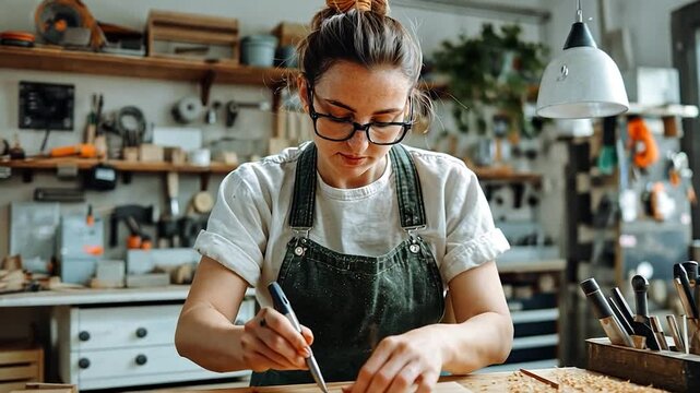 Craftsperson in a workshop meticulously shaping wood with tools, surrounded by a creative workspace
