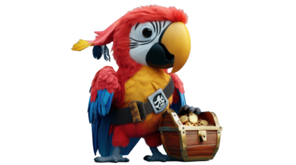 Cartoon pirate parrot holding treasure chest on transparent background