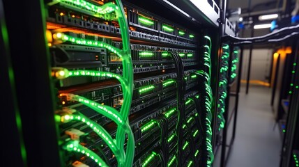 Futuristic Data Center Corridor with Illuminated Servers, Advanced Cloud Computing, AI-Driven Cybersecurity, and High-Speed Networking