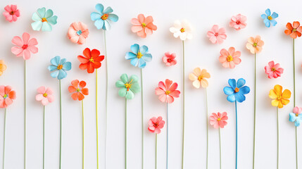 Colorful paper flowers on white background in various springtime hues