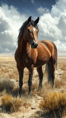Obraz premium Majestic horse stands tall in a vast desert landscape under cloudy skies