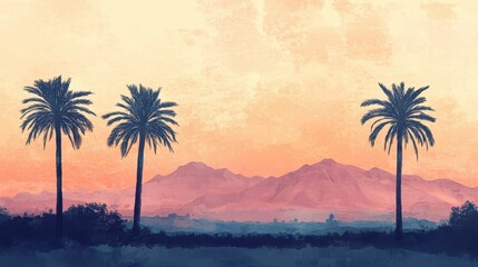Silhouette palms over layered mountains with colorful painted sky