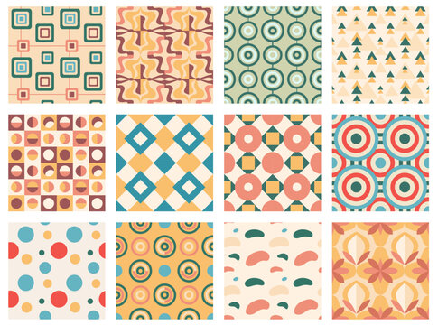 Colorful geometric patterns with modern design elements. Retro background vector illustration. Abstract vintage pattern with variety of geometric shapes and colors, circles, diamonds, squares