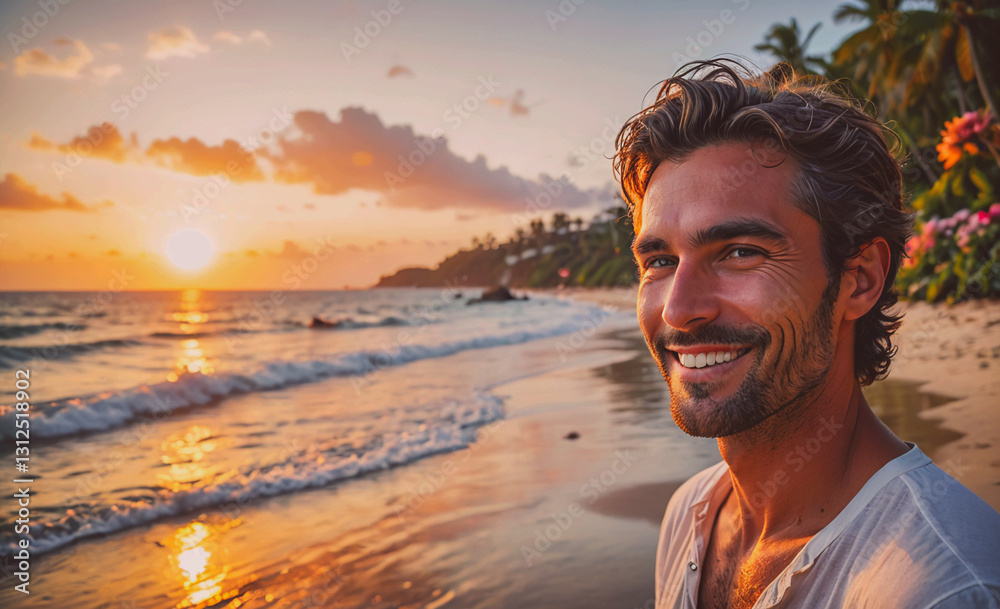 Aufkleber Man with a beard and a smile is standing on a beach with the sun setting in the background