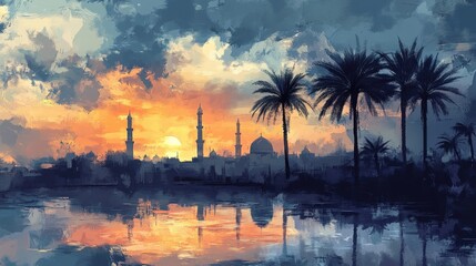 Fototapeta premium An artistic sunset painting depicting a city skyline and palm trees