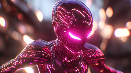 Pink Metallic Robot with Glowing Eyes in Dark Futuristic Setting
