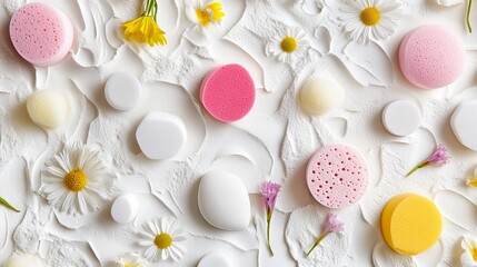 Makeup sponges in fun shapes and sizes are creatively arranged on a textured white background with flowers.