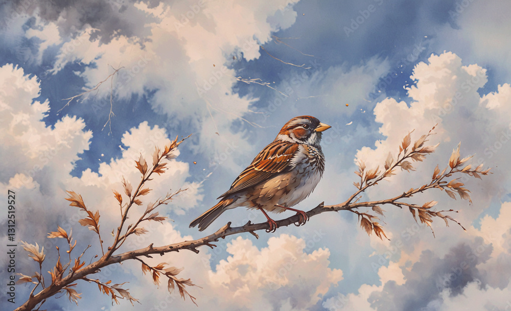 Poster bird is perched on a branch in a cloudy sky. the bird is brown and white, and it is looking up at so