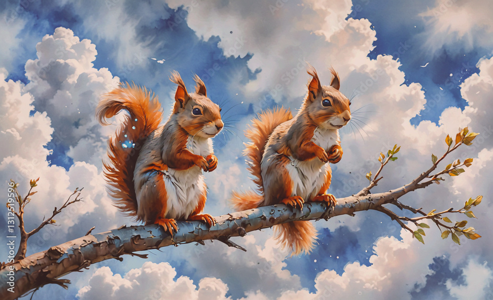 Poster Two squirrels are sitting on a branch in the sky. The sky is cloudy and the sun is shining through the clouds