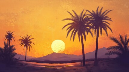 Tropical landscape scene featuring a sunset behind silhouetted palm trees