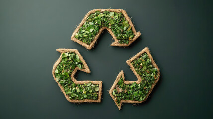 Eco-friendly recycling symbol made of green leaves on dark background