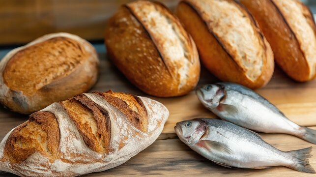 The painting symbolizes the story of Jesus feeding thousands with 5 loaves of bread and 2 fish. There are 5 loaves of bread and 2 fish on a wooden table.