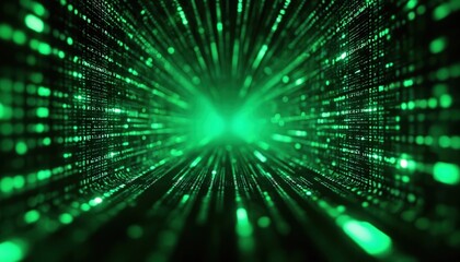 Abstract green background with binary matrix code, cyberspace stream. Digital tech illustration, technology wallpaper. Information flow data tunnel, crypto, blockchain transfer graphic with hex.