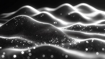 A digitally created landscape of glowing waves and scattered lights