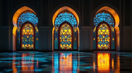 Obraz premium Mosque's windows have beautiful arches and designs that light up at night.