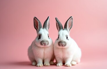 Obraz premium Two white rabbits sitting on pink background. Easter bunnies with fluffy fur. Small pets, domestic animals symbolising spring holidays, love, fertility. Cute hares with long ears. Adorable mammals.