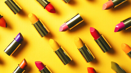 Obraz premium Colorful lipstick arrangement on vibrant yellow background