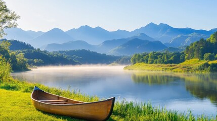 Obraz premium Serene morning at a tranquil lake with a wooden canoe, surrounded by misty mountain and lush greenery