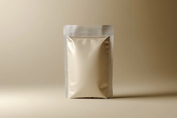 Elegant matte coffee pouch standing upright against a soft, neutral background for minimalist presentation