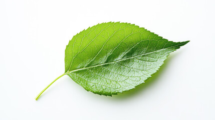 Fototapeta premium Close-up of vibrant green leaf on white background highlighting veins and texture