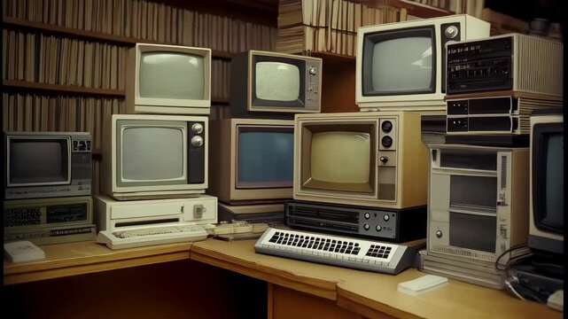Vintage computer setup in a small tech workshop filled with retro systems and equipment from different eras