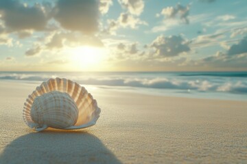 Beautiful seashell resting on sandy beach at sunset with gentle waves and colorful clouds in the background