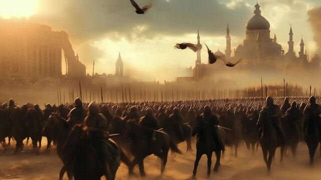 Epic cavalry charge at sunset near a historic city amidst smoke and chaos