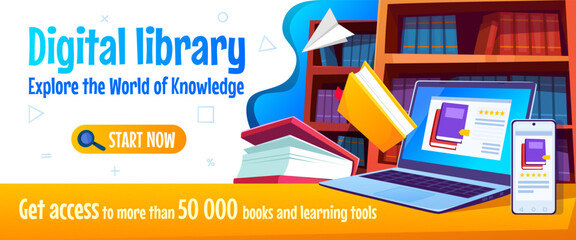 Online library cartoon banner or poster concept with a laptop, a smartphone, and an array of colorful books. Vector illustration design template for online education and digital resources