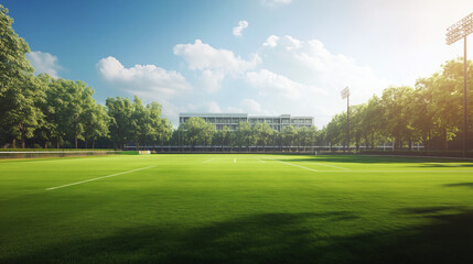 Fototapeta premium University Campus Cricket Field with Lush Green Grass, Perfect for Sports Events, Featuring Open Space for Text or Visual Enhancements