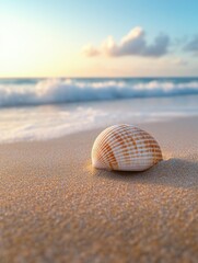 Shell resting on the sandy beach with gentle waves lapping at the shore during sunset