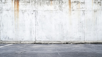 Concrete wall with weathered texture and asphalt ground