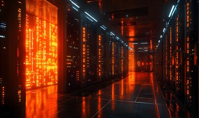 Futuristic server room with glowing data displays in vibrant orange color