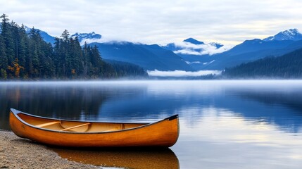 Obraz premium Serene Canoe on Calm Lake Surrounded by Majestic mountain and Misty Forest Background