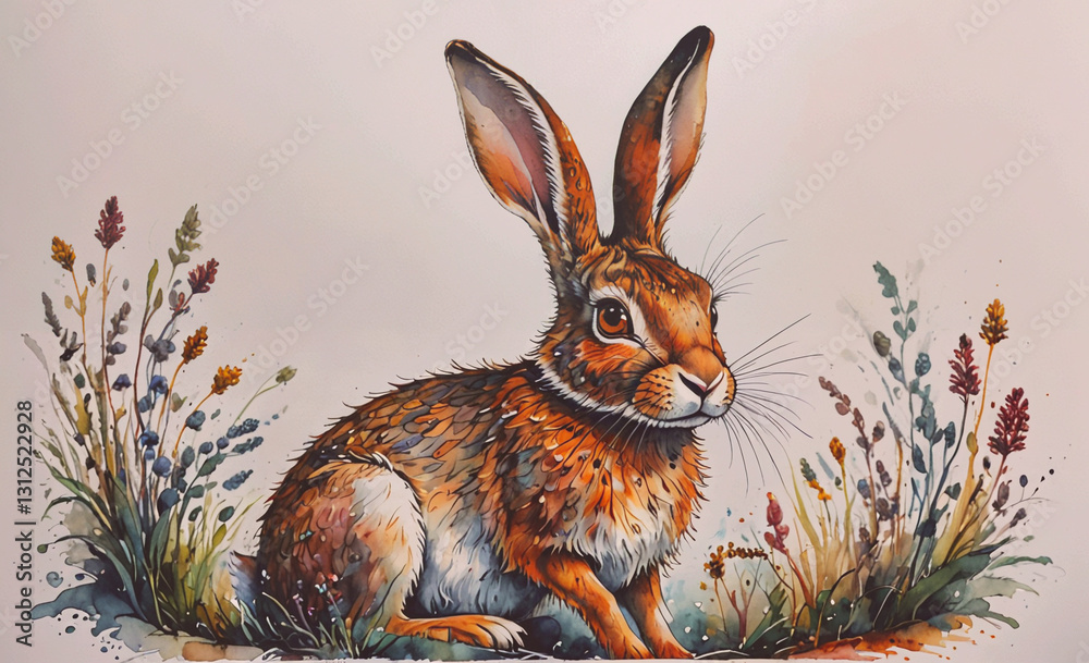 Poster rabbit is sitting in a field of flowers. the rabbit is brown and white, and it is looking at the cam