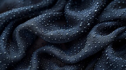 Fototapeta premium A closeup of dark fabric with intricate folds and numerous water droplets creating a shimmering effect under soft lighting