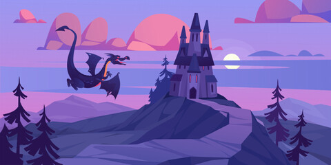 A striking cartoon vector illustration features a majestic dragon flying above a dark castle perched on a mountain. Spooky castle under a full moon in a night landscape with dark trees and mountains