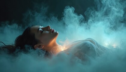 Woman lies in dreamy smoke. Psychic portrait evokes astral projection, transcendence. Mystical girl in trance. Spiritual, esoteric themes. Hypnosis, paranormal concepts, mystery, afterlife,